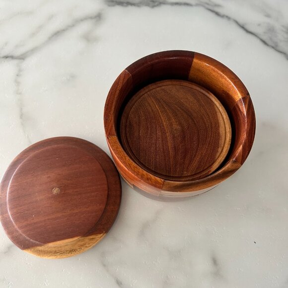 Mid Century Modern Teak Coaster Set Wood Box & 5 Coasters Handturned - Picture 4 of 10